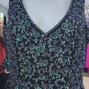 Vintage Handbeaded Floral Embroidered Black Top
